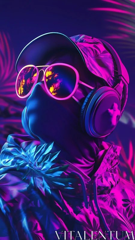 Neon-lit masked figure with headphones and tropical jacket.