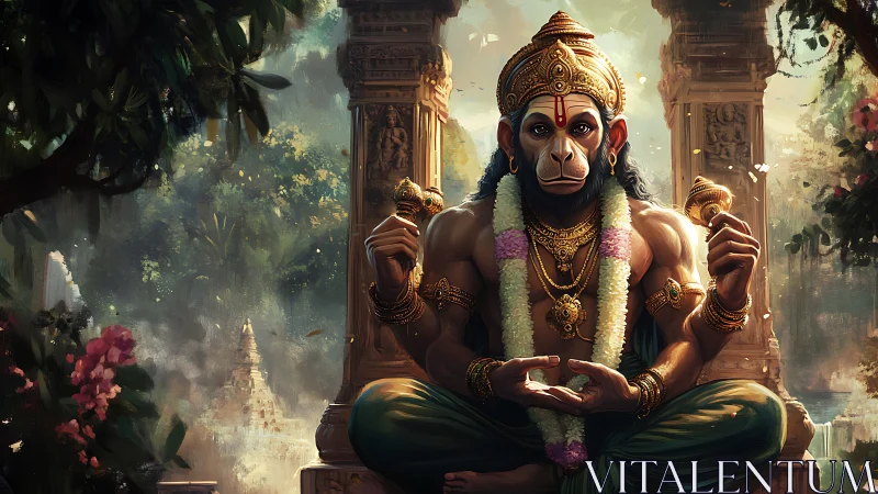 Hanuman deity portrait in lush temple courtyard lighting.