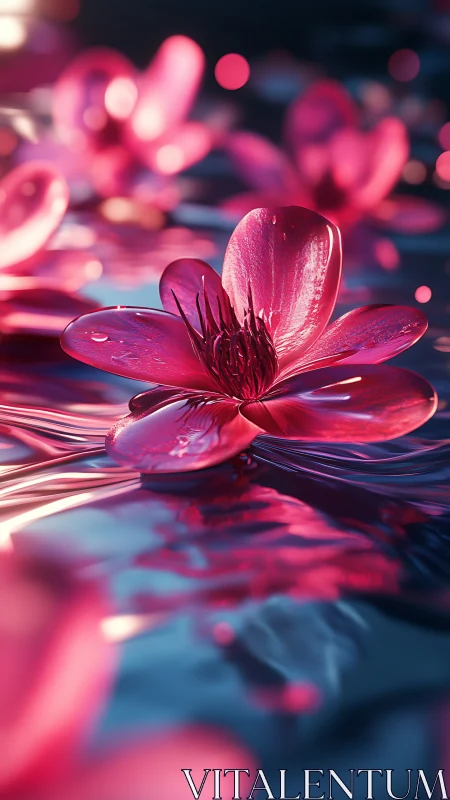 Translucent pink flower with bokeh background and reflective surface