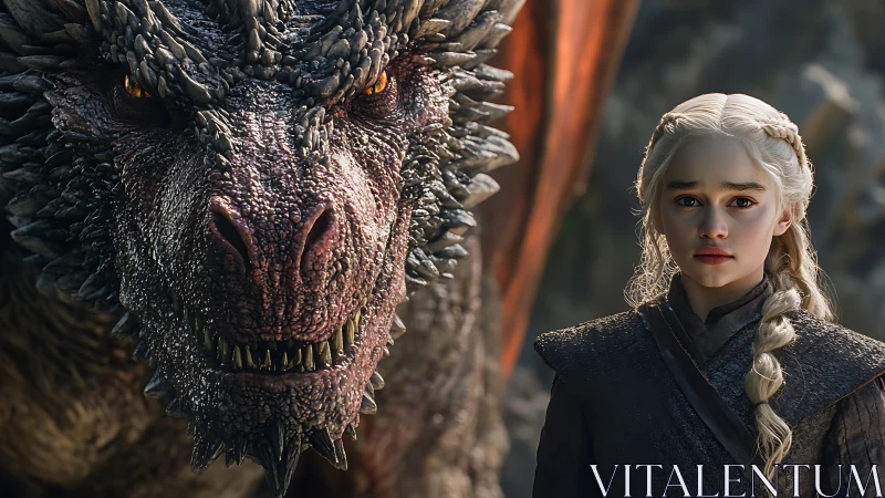 Dragon’s molten stare beside solemn silver‑haired rider.