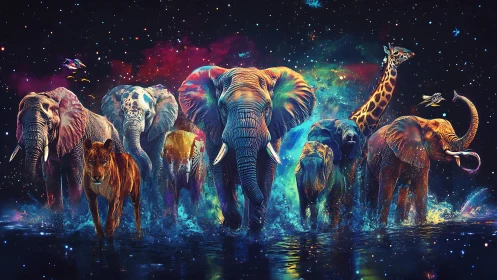 Galactic wildlife strides through neon cosmic waters at night