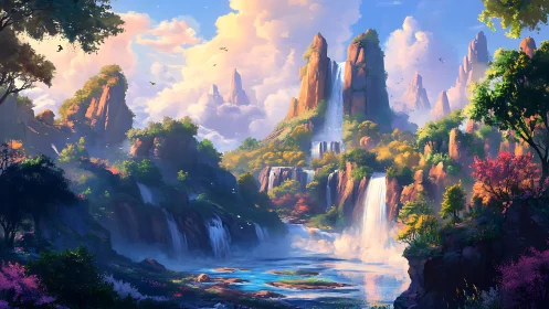 Sunlit fantasy cliffs rise above cascading crystal waterfalls