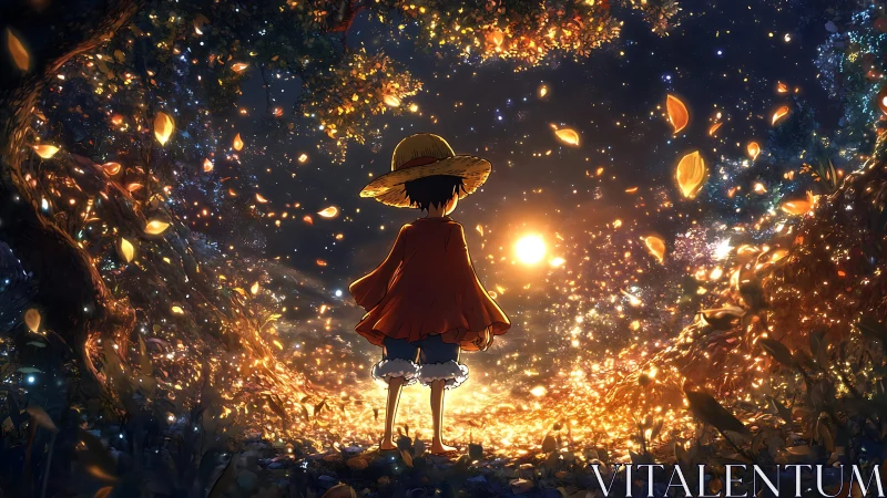 Child in straw hat observing luminous forest clearing.