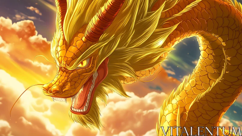 Skyfire dragon coils through glowing sunset clouds.