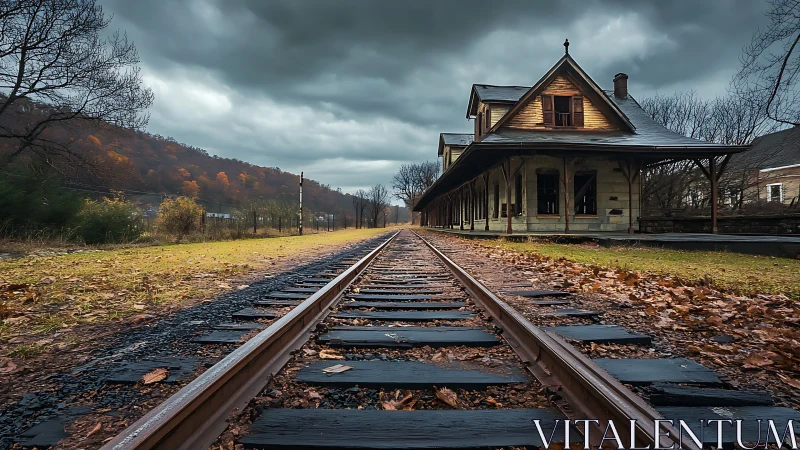 Lonely rails slice toward an abandoned autumn station house