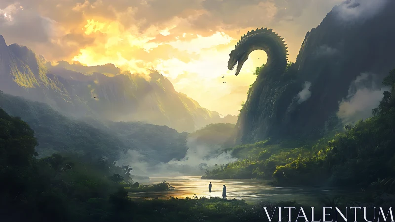 Colossal river serpent emerging from mist-laden rainforest gorge.