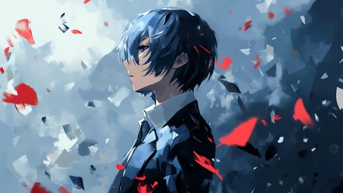 Blue-haired dreamer in a storm of crimson fragments.