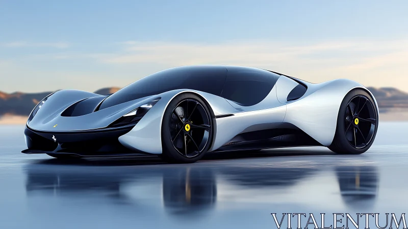 White concept supercar on reflective surface at dusk.
