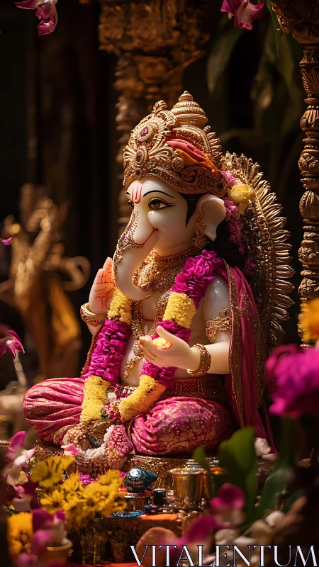 Intricately adorned Ganesha idol with garlands under warm directional lighting