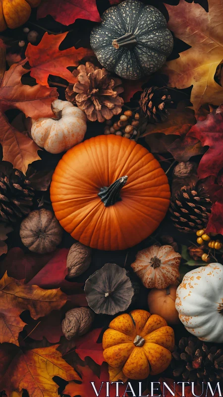 Autumn pumpkins rest among vivid leaves and pinecones.