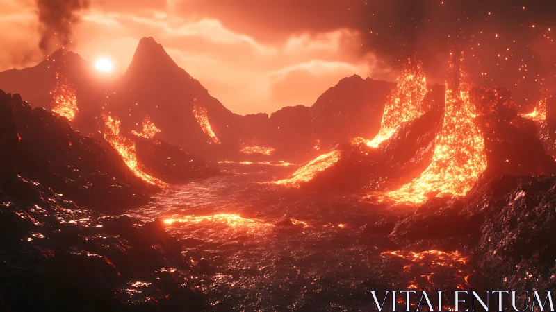 Volcanic Caldera Valley: Incandescent Lava Flows and Pyrite Mineral Emissions.