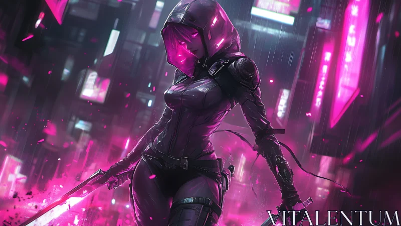 Neon cloaked warrior strides through a rain lit cyber city