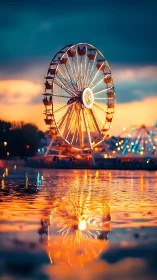 Ferris wheel doubles as a burning sun in rippled twilight