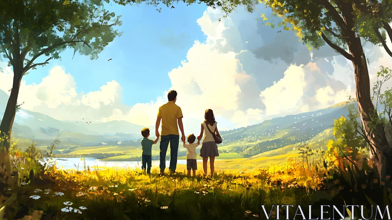 Family group observing rural valley landscape from elevated vantage point