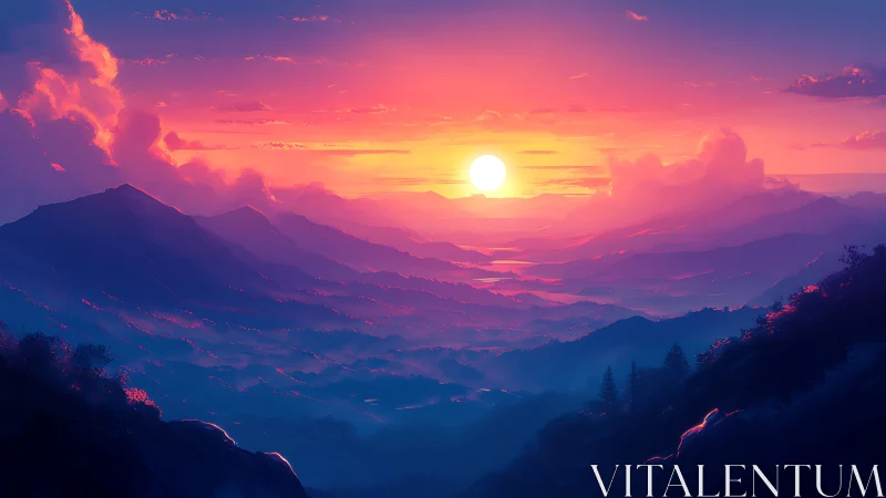 Layered mountain landscape under vivid digital sunset.