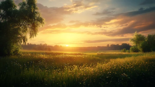 Golden meadow sunset over wildflower field and trees.