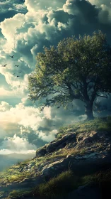 Lone hilltop tree trades secrets with the swollen sky