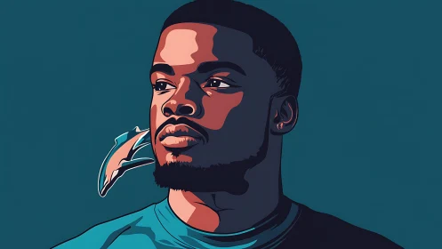 Thoughtful portrait with bold color and gentle dolphin motif.