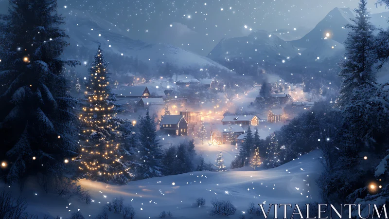 Snowy winter village glows softly under calm starry night