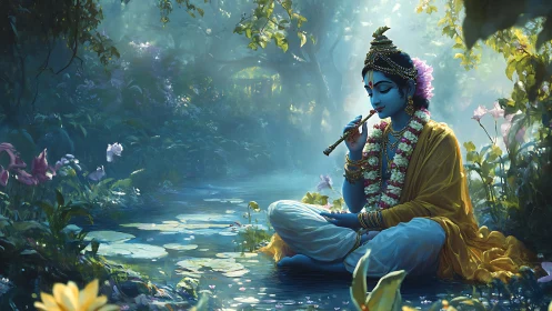 Blue-skinned flute player meditates beside luminous forest pool