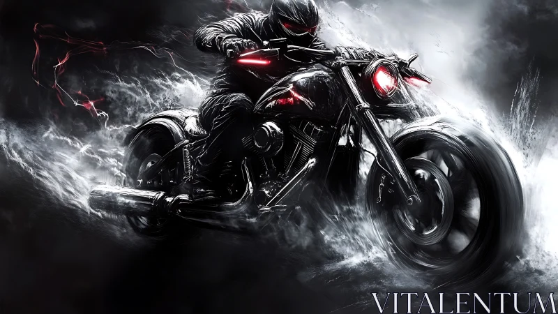 Motorcyclist rides black chopper through smoke and motion blur