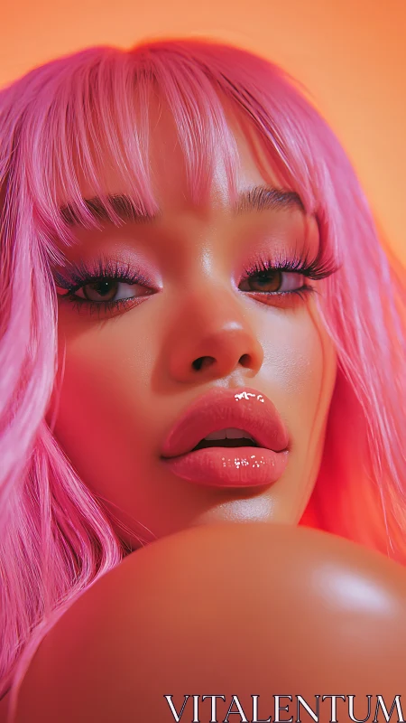 Electric pink portrait under neon coral glow lighting.