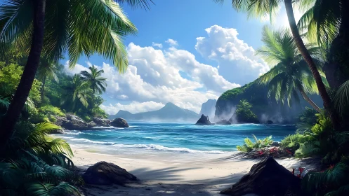 Tropical Coastal Landscape with Volumetric Cloud Formations and Multi-Layered Atmospheric Depth