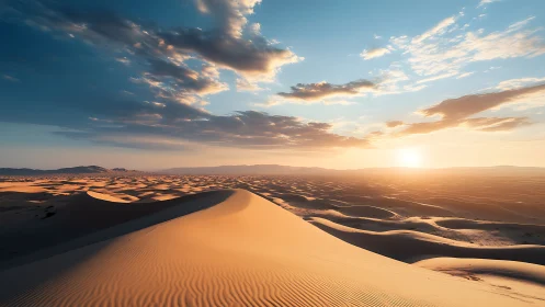 Low-angle sunlight sculpts rippled desert dunes under stratified clouds