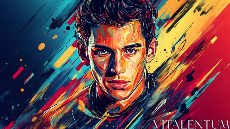 Stylized male portrait with fragmented color streaks background.
