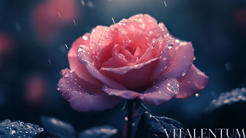 Pink rose with water droplets under directional lighting.