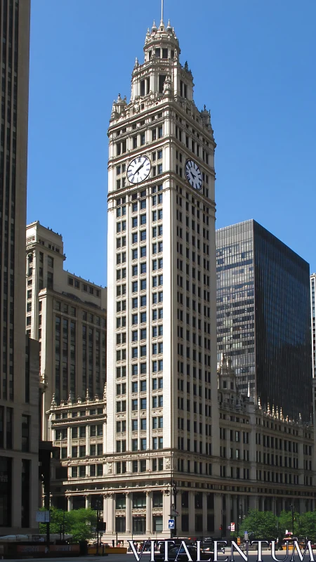 Historic clock tower skyscraper amid modern cityscape.