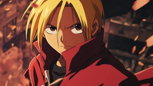 Determined blond anime combatant amid ember‑lit ruins.