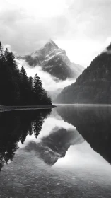 Misty mountain peak reflects in calm monochrome lake waters.
