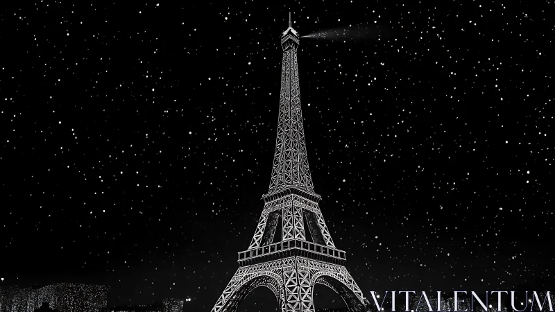Paris Eiffel Tower stands luminous beneath a falling snow