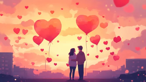 Two Figures Beneath Heart-Shaped Balloons in Ethereal Sunset.