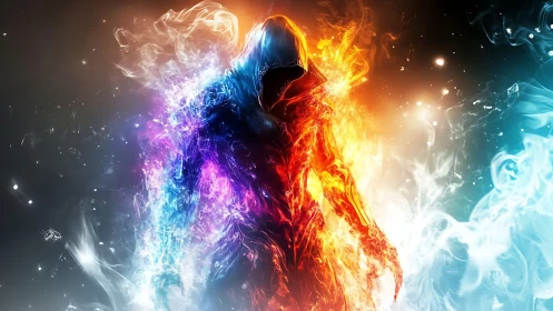 Hooded elemental wanderer woven from fire and swirling ice.