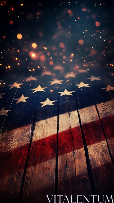 Rustic American flag on wood with glowing bokeh sparks.