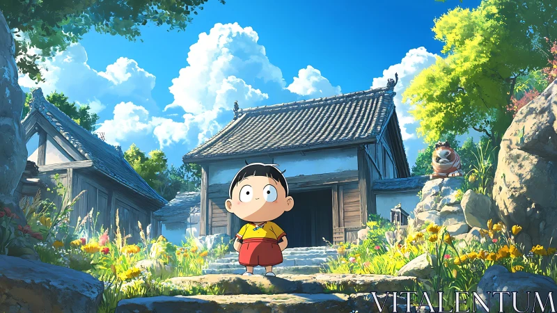 Sunlit temple garden welcomes a wide eyed little explorer