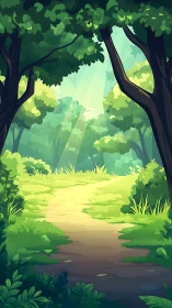 Forest Path with Sunlight Filtering Through Lush Canopy