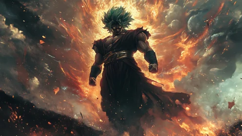 Energy-charged warrior figure within fiery storm field.
