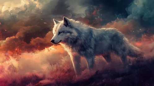 Lone silver wolf strolls through ember kissed twilight storms