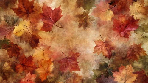 Drifting maple leaves over textured autumn parchment field.