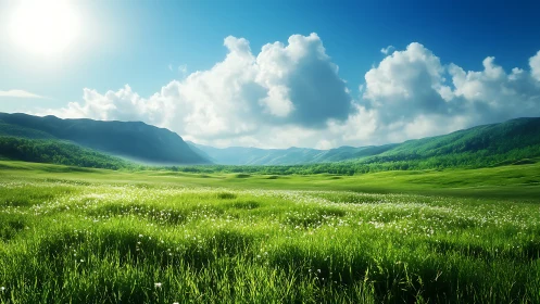 Sunlit green valley stretches beneath bright clouds and hills