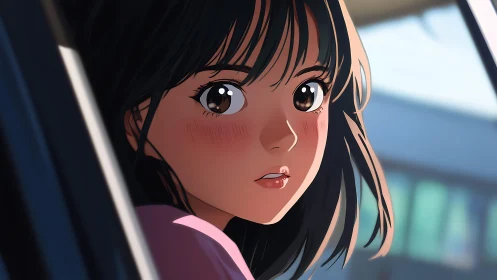 Soft sunlight on a shy gaze from a car window moment.