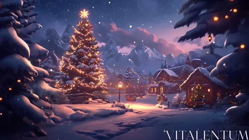 Snow-covered village square with illuminated Christmas tree.