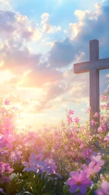 Sunrise cross rising over whisper-soft meadow of pink blooms.