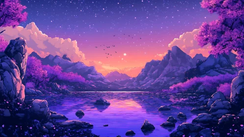 Mountain lake at twilight with starry sky and violet trees.