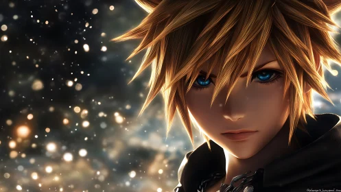 Cinematic close up of blue eyed anime hero with bokeh field