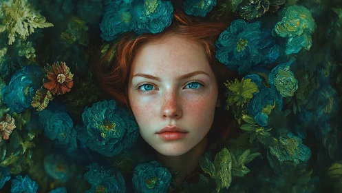Dreamy redhead muse resting in a sea of teal blooms.