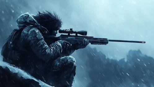 Soldier with Scoped Rifle in Winter Mountain Environment.